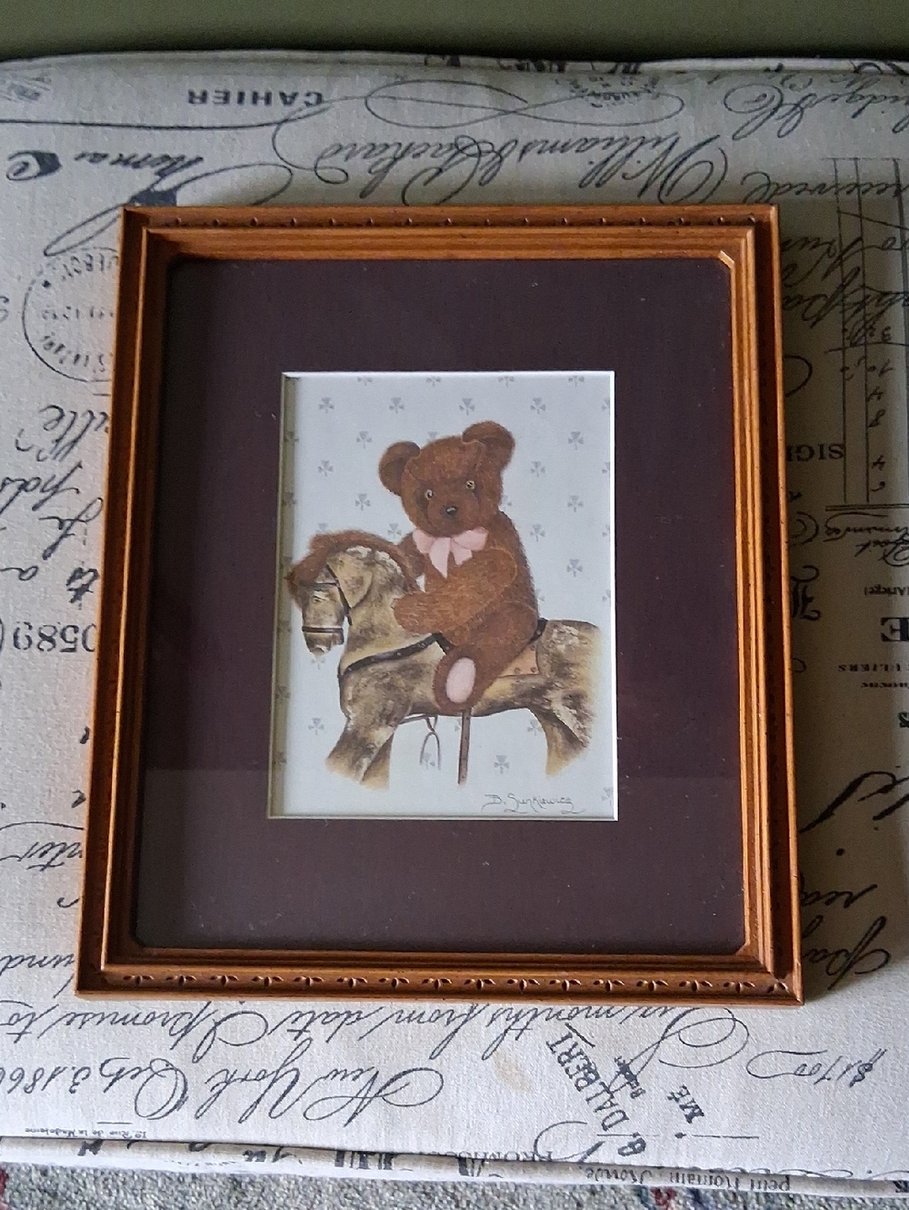Vintage Home Intetiors Framed Teddy Bear Riding Rocking Horse Art 11"x13"